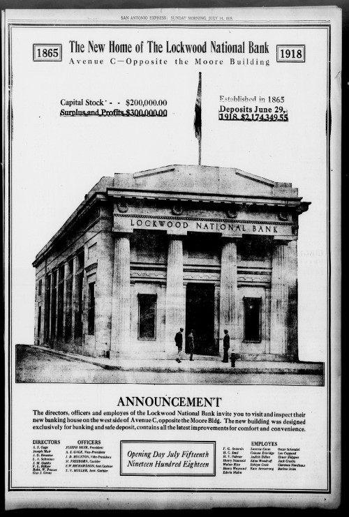 Opening-day announcement for Lockwood National Bank, San Antonio Express, July 1918