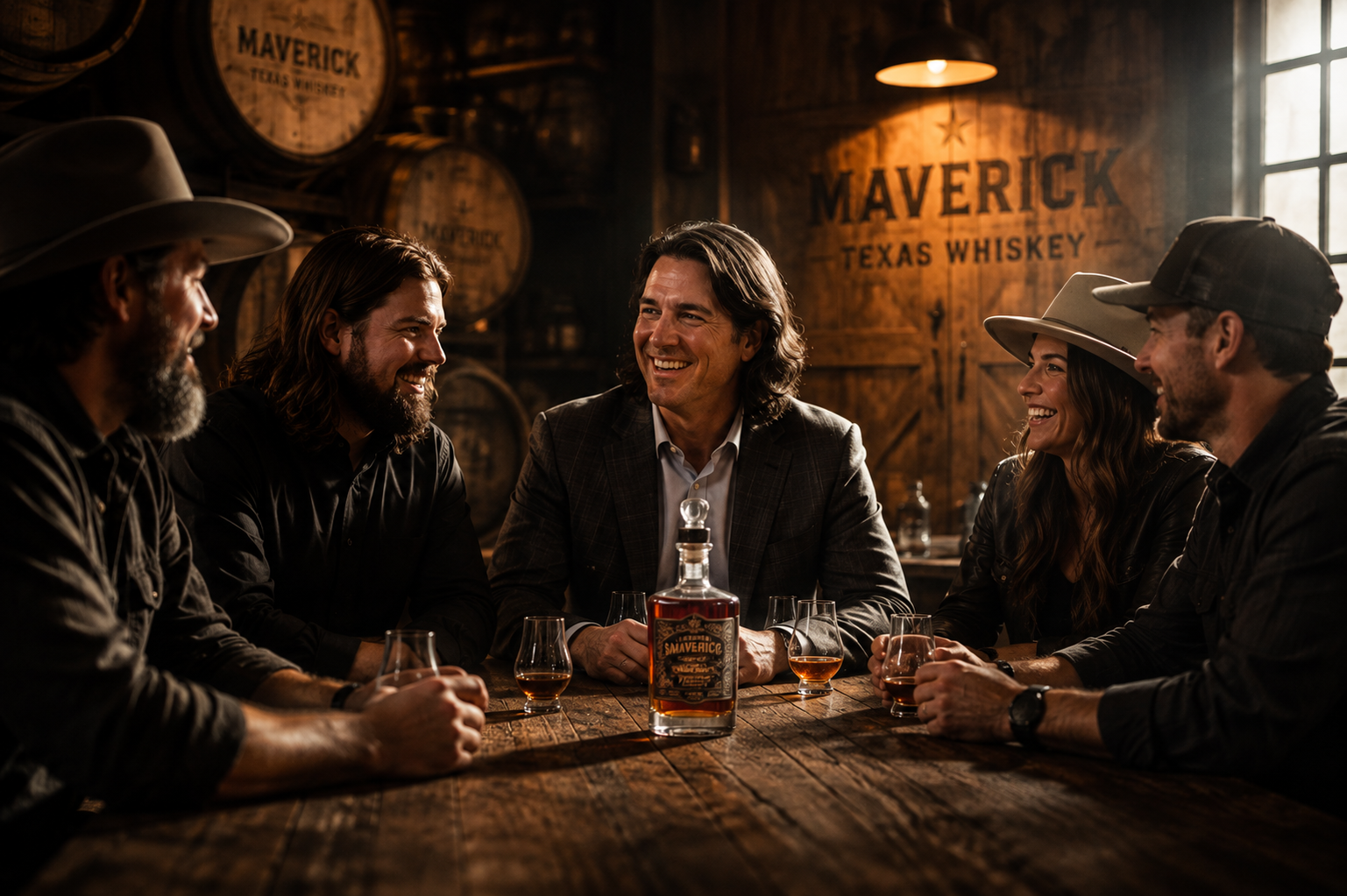 Friends sharing a bottle around the table at Maverick Distilling